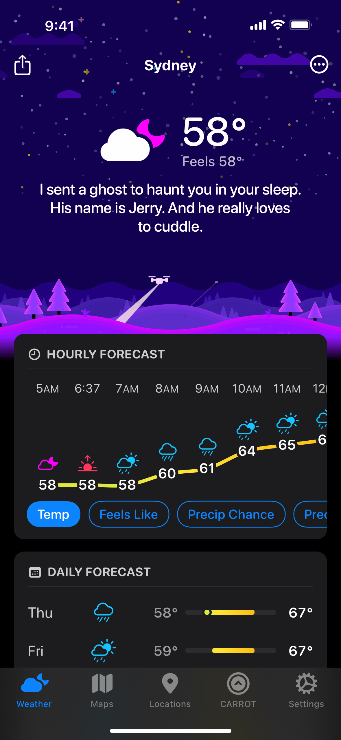 Carrot Weather weather screen showing a purple night sky, weather summary, and forecast cards