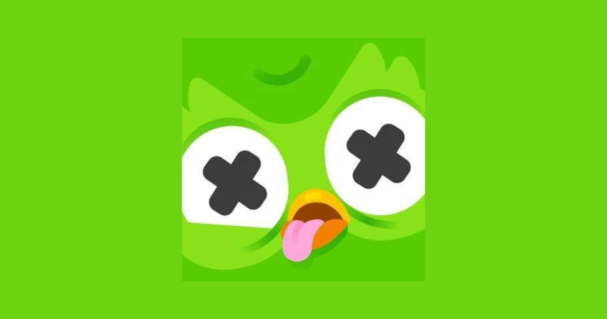 Duolingo owl with X eyes and tongue out on a bright green background