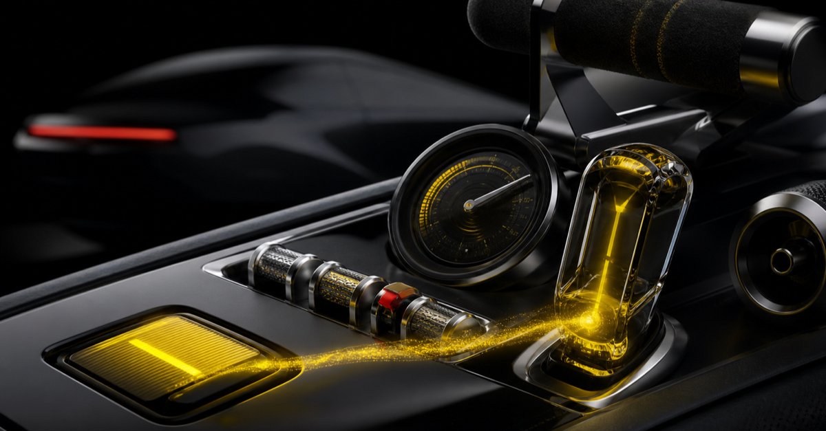 A yellow glass key transfers a stream of light into a sculptural drive selector surrounded by precision physical controls