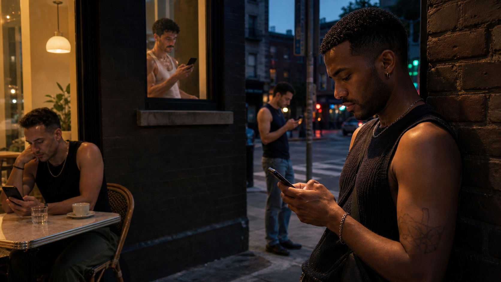 Four adult men in nearby city spaces check their phones independently as evening turns into nightlife
