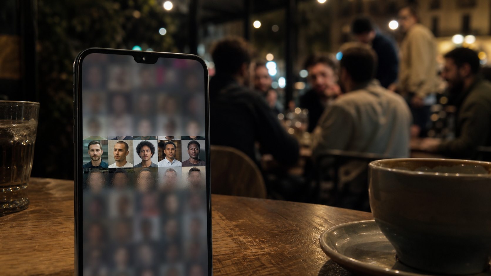 A phone on a busy café table shows one clear band of adult portraits between blurred rows