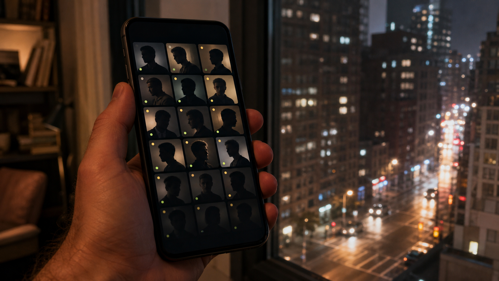 A hand holds a phone with an anonymous portrait grid against a dense city visible at night