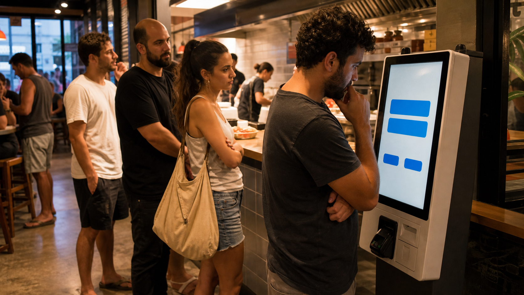 A hesitant diner stands at a generic kiosk while a queue waits behind him in a busy burger restaurant