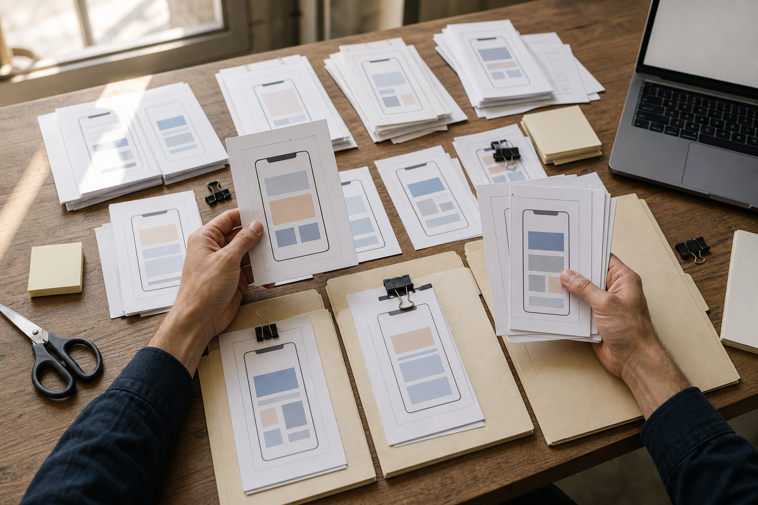 Two hands manually sort piles of printed abstract mobile interface references into folders
