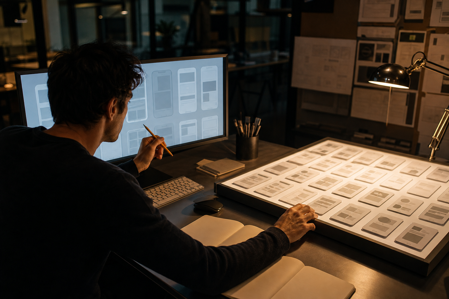 A product designer compares abstract wireframes on a monitor with a dense illuminated library of mobile interface references