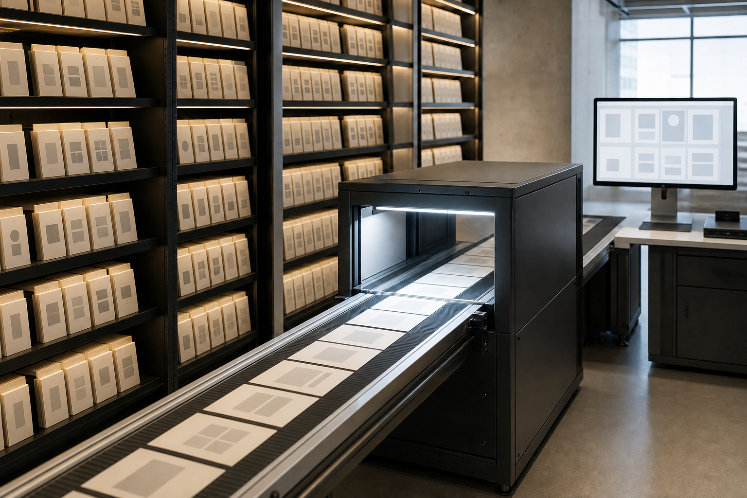 An automated archive scanner carries abstract mobile interface reference cards from illuminated shelves into a digital workspace