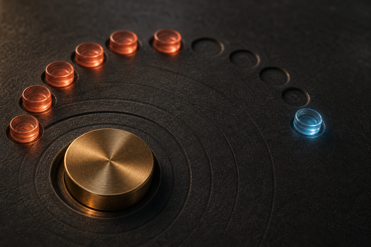 A brass checkpoint surrounded by glowing markers that continue after several empty positions