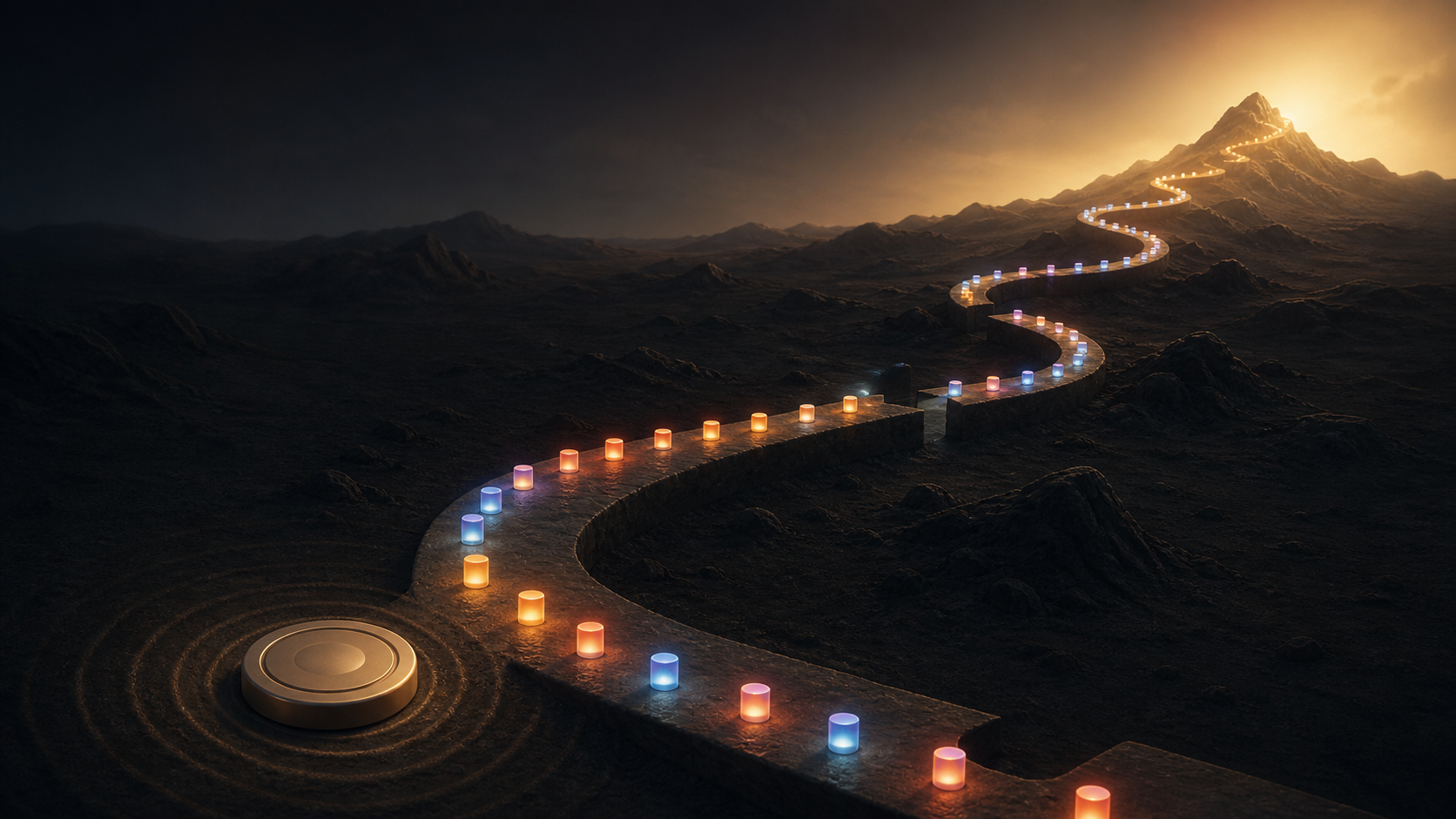 A dark mountain path whose glowing milestones continue across several gaps toward a warm summit