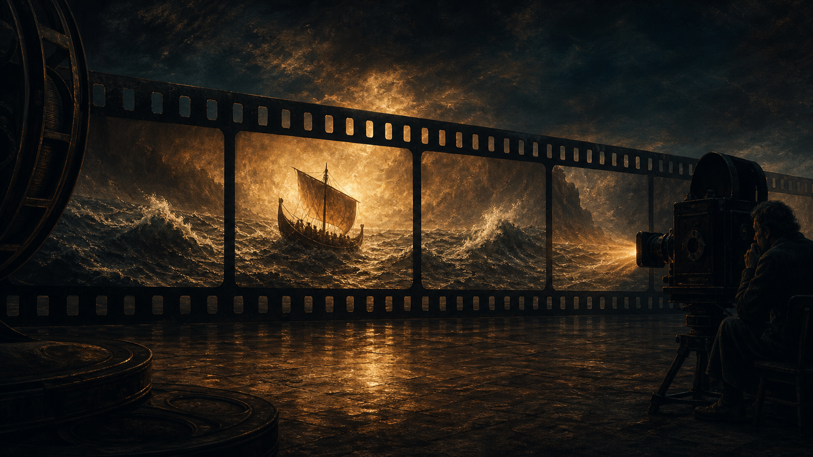 A monumental strip of large-format film frames a bronze-age ship crossing a dark sea while a filmmaker studies the image