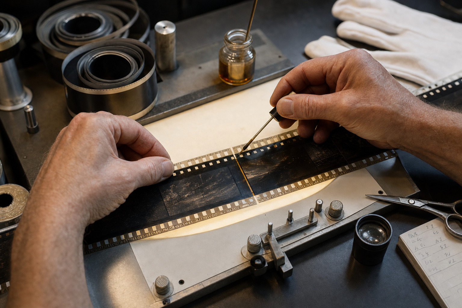 A negative cutter aligns a wide 65mm film negative on a precision splicer and applies film cement by hand