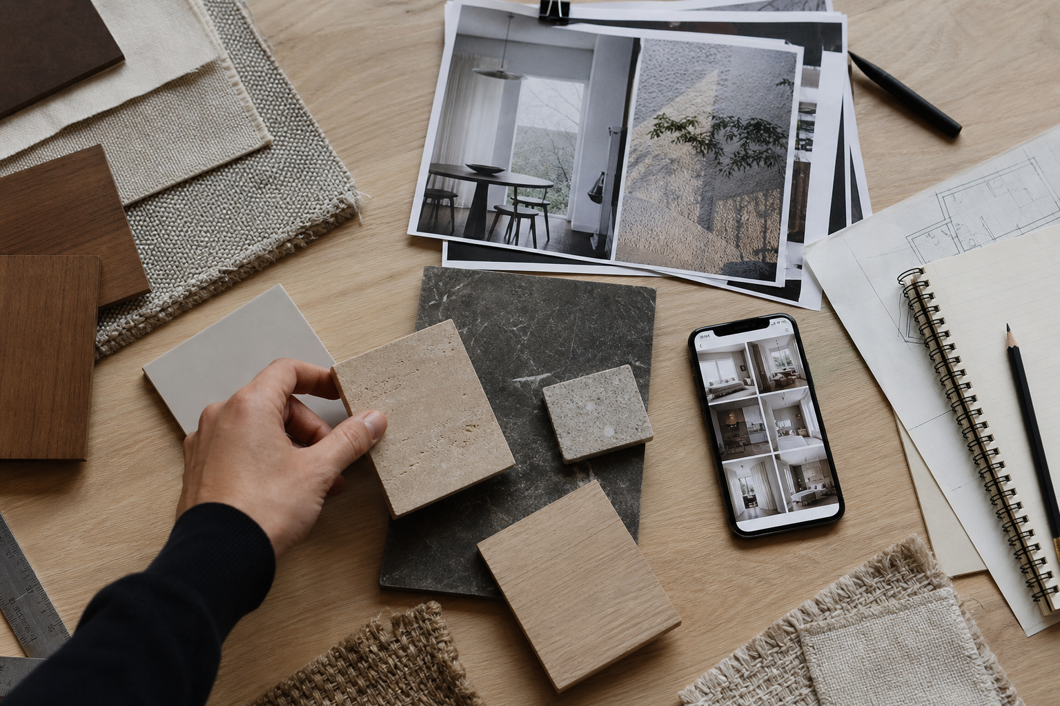 A hand compares renovation samples beside a phone and a working collection of interior references