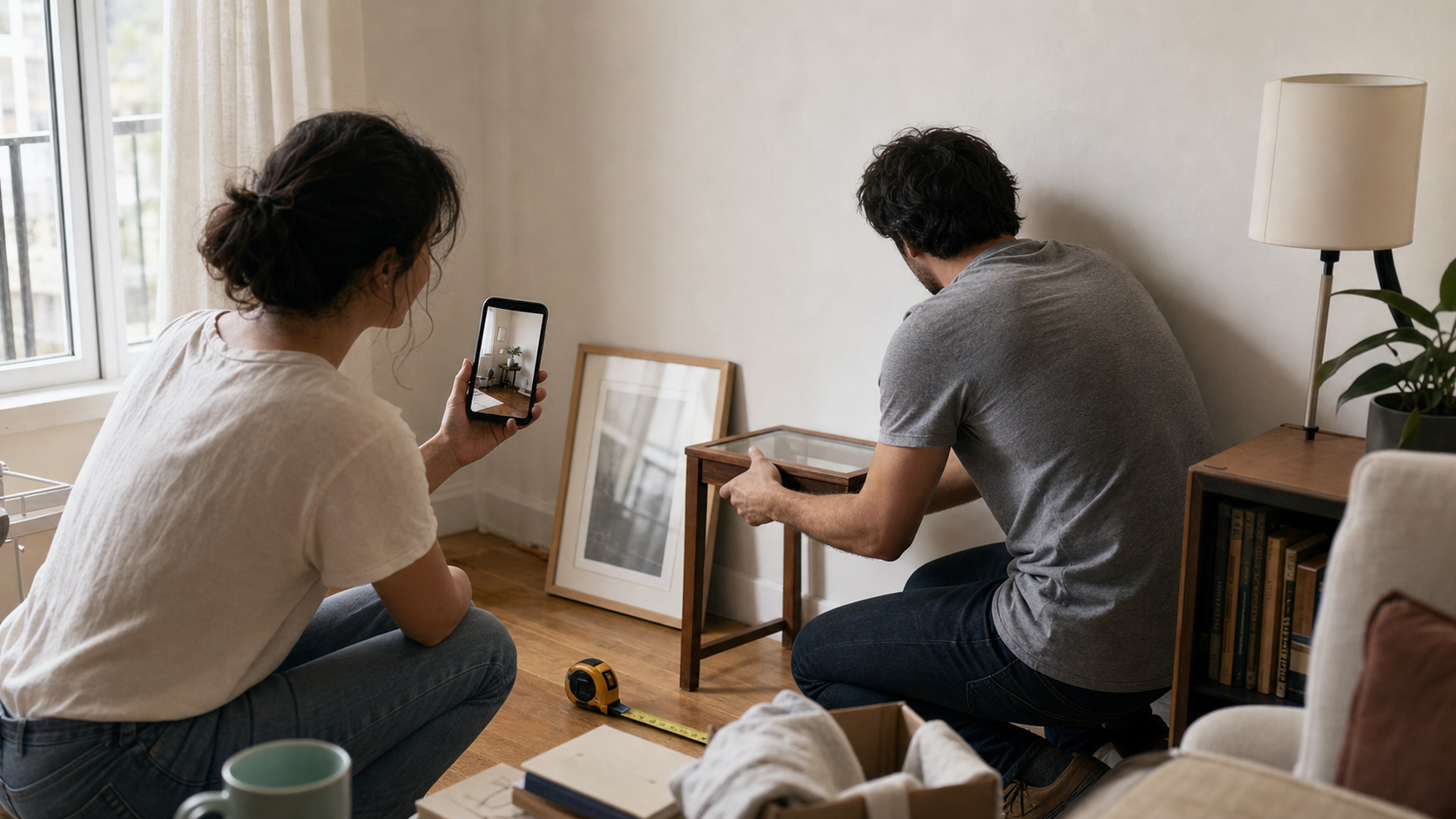 Two people rearrange furniture while comparing the room with a previously saved idea on a phone