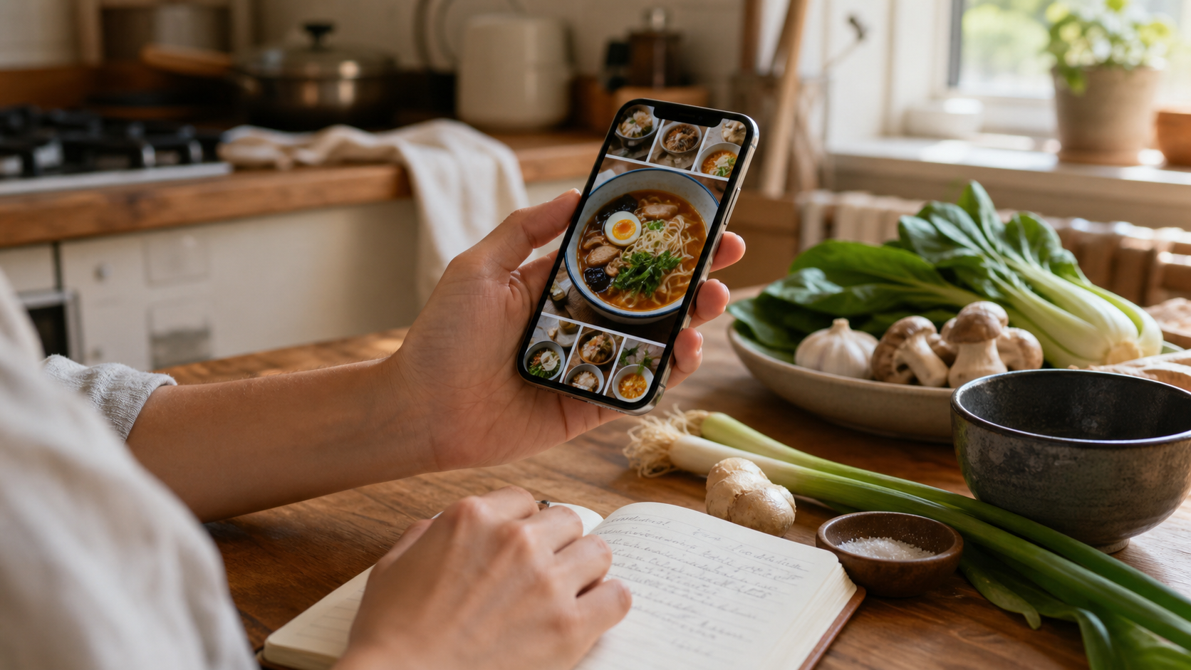A person revisits a saved ramen idea on a phone while preparing the ingredients in a home kitchen